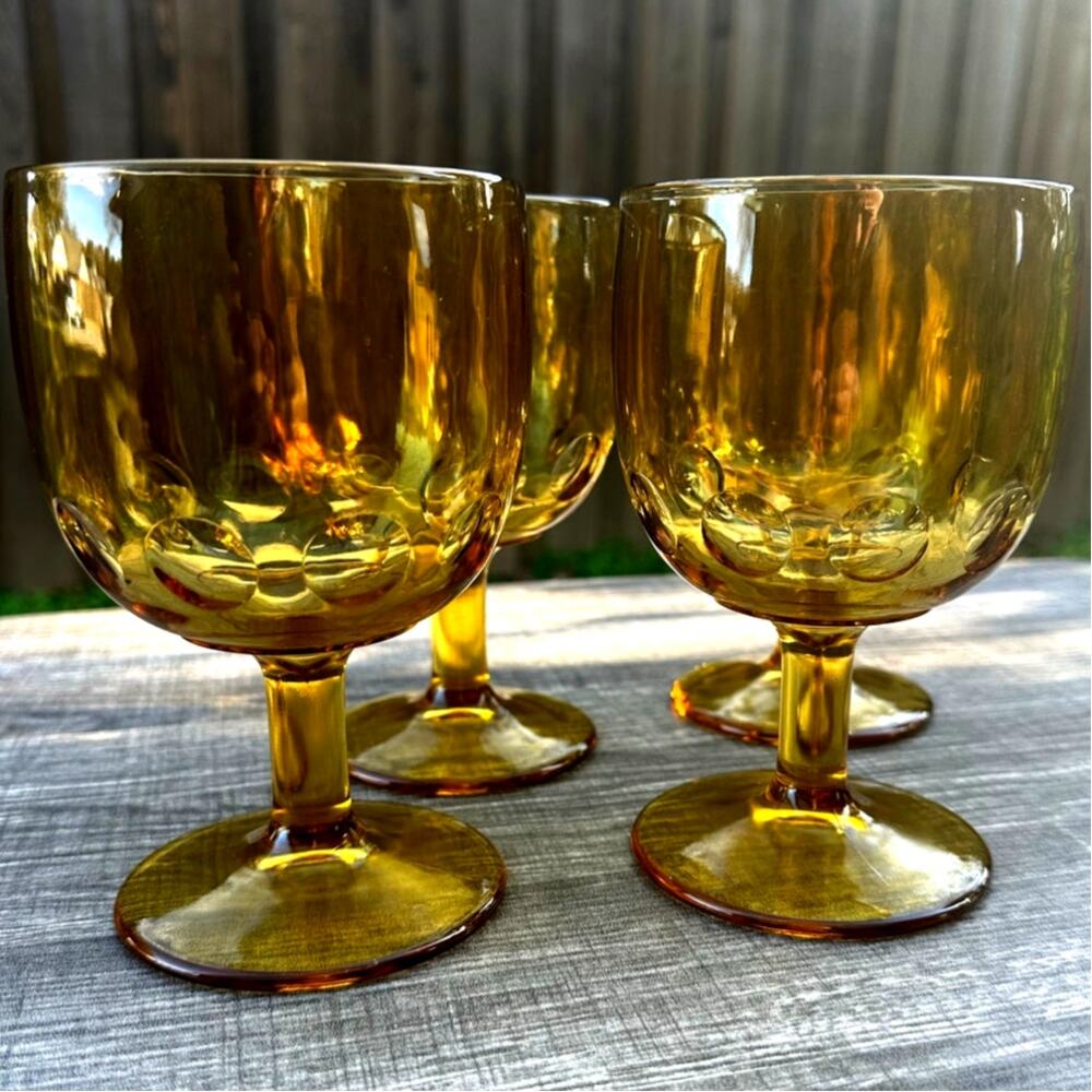 Bartlet Collins Vintage Amber Thumbprint 6" Goblets/Schooners-Excellent-Set of 4